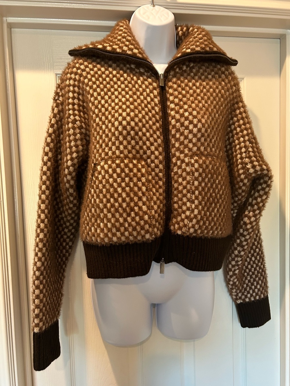 Zara Brown/Cream Zip-Front Knit Sweater Jacket, NWT, Sz medium